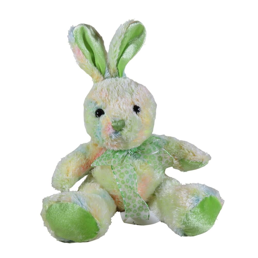 Pastel Tie-Dye Bunny Plush with Green Bow Stuffed Animal Easter Toy Soft 9"
